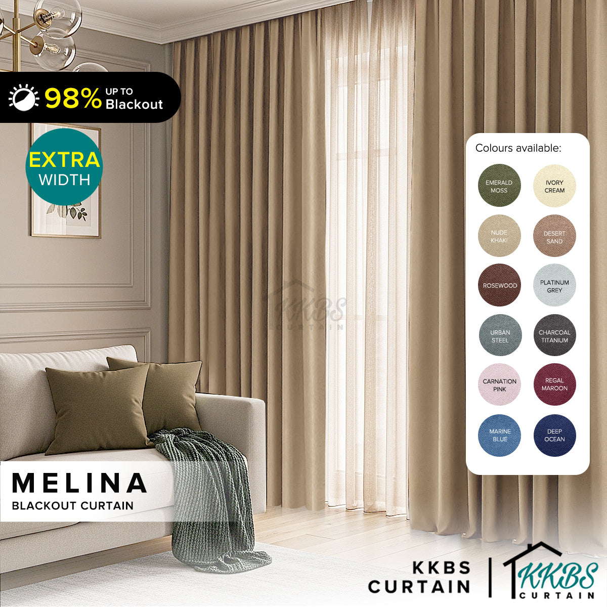 Melina 90-98% Blackout Curtain Ready Made Hook & Eyelet - Extra Width