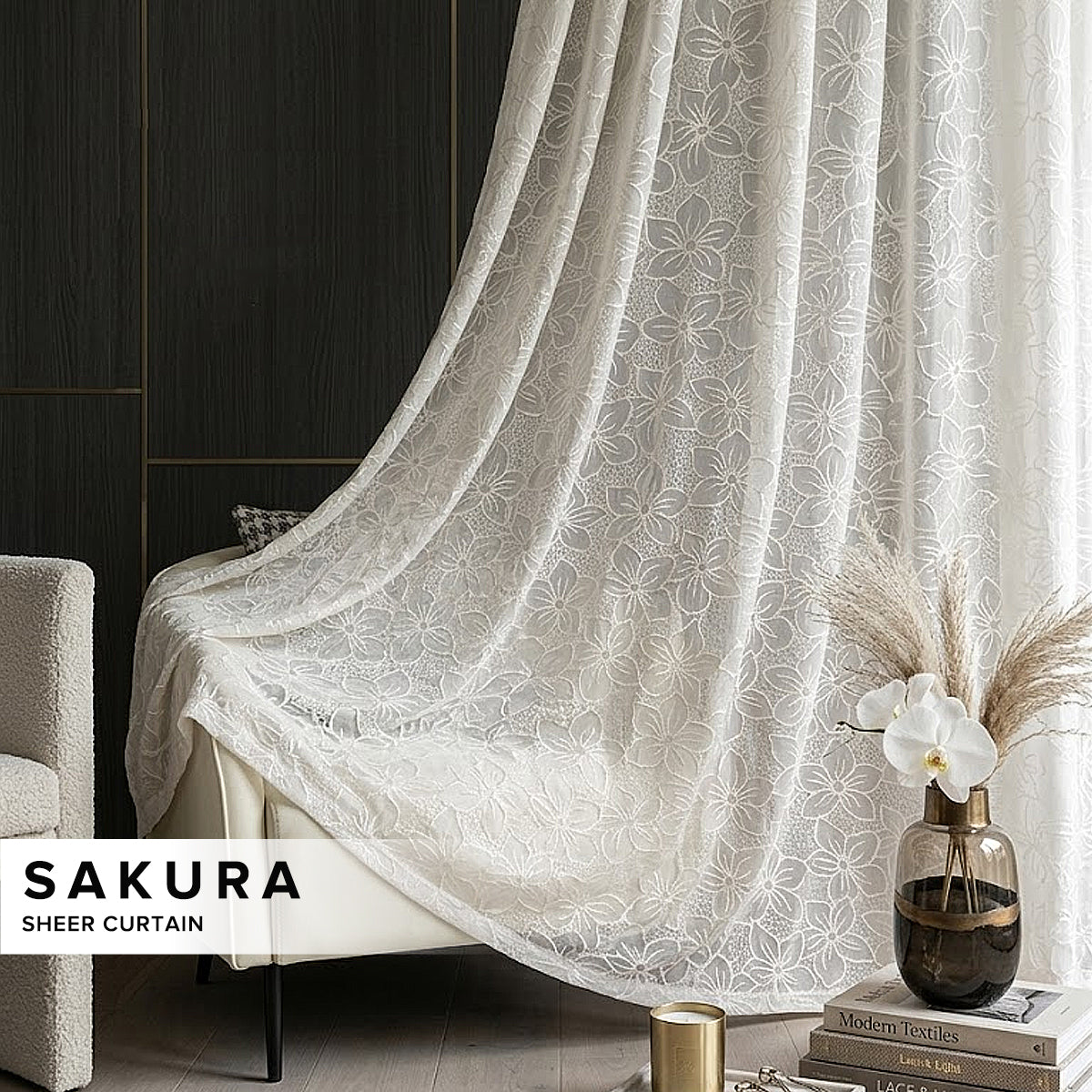 Sakura Sheer Curtain / Net Curtain Ready Made French Pleat Hook & Ring Eyelet