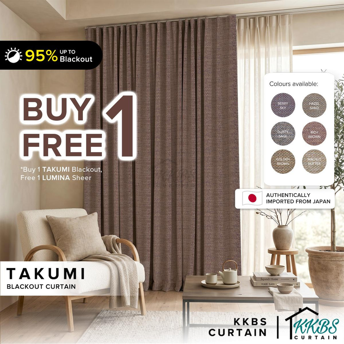 Takumi 95%+ Blackout  Ready Made Curtain Hook &amp; Eyelet  Standard Width